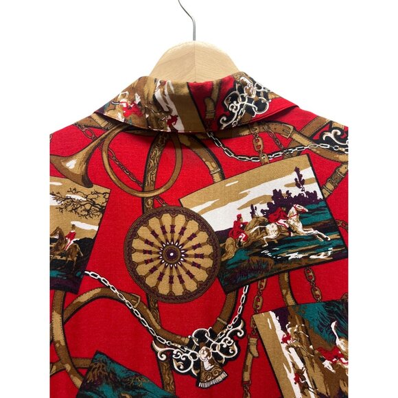 Chause Petite Vintage 90's Red and Gold Equestrian Print Silk Blend Button Down - Picture 5 of 6